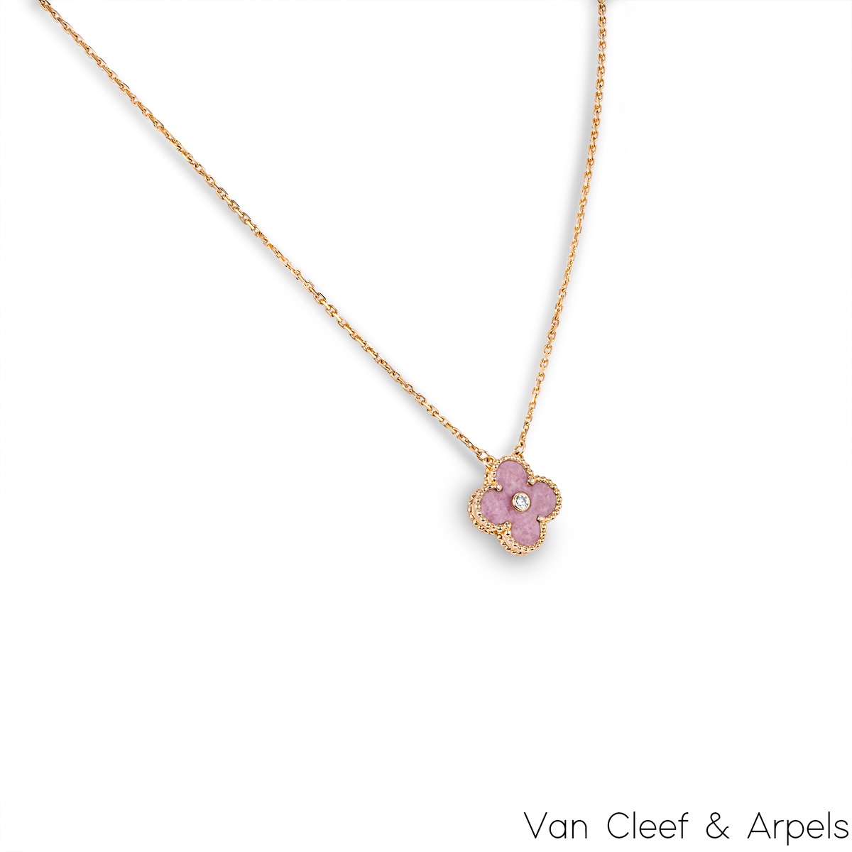 VAN CLEEF & ARPELS 18K Rose Gold Diamond Pink Porcelain Vintage Alhambra Pendant  Necklace 1331036 | FASHIONPHILE